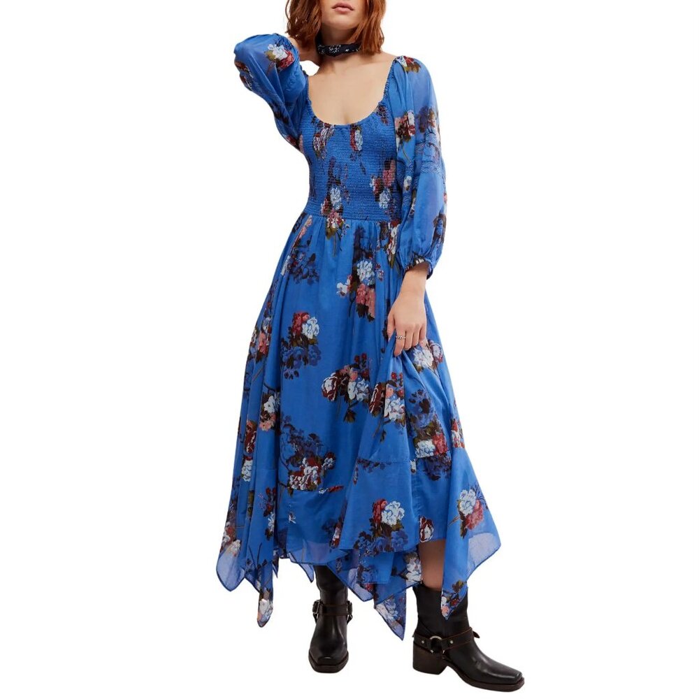 Free People Morning Glory Dutch Blue Combo Maxi Dress Boho NWT Med
